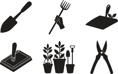 Gardening tools silhouette, hand trowel, garden fork, pruning shears, potted plants, soil tamper, planting icon, black vector, isolated, set