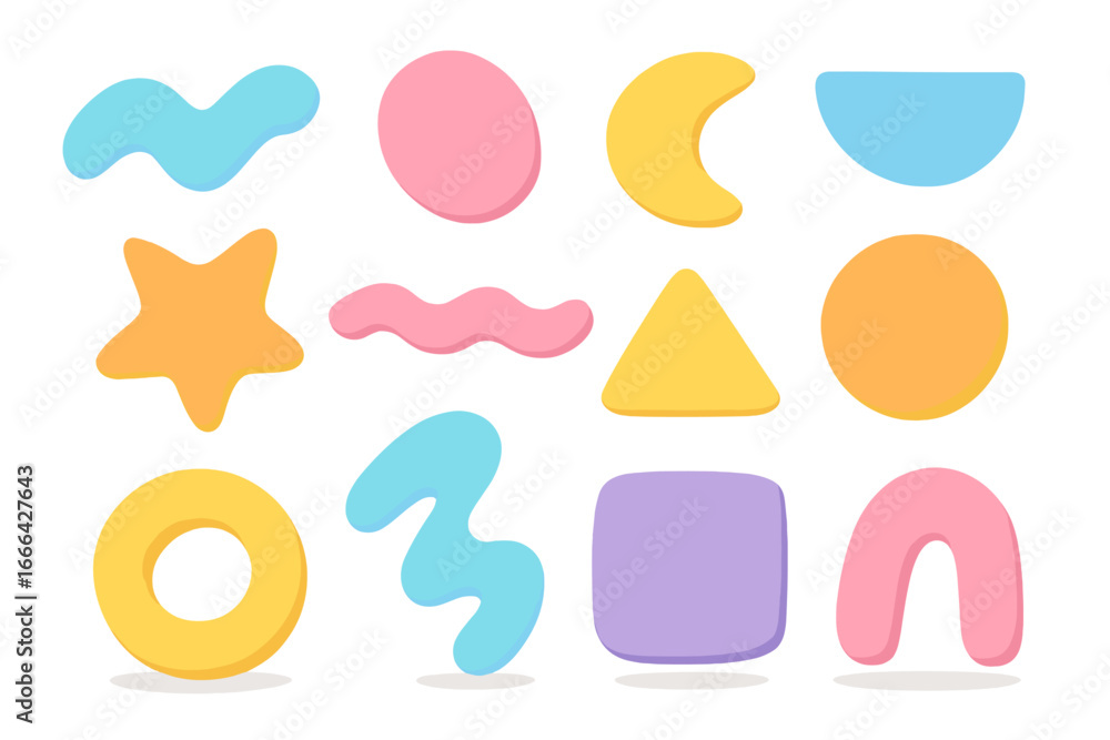 Poster set of abstract geometric shapes. minimal simple basic forms. cute cartoon figures in pastel colors.