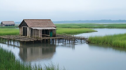 Obraz premium Fish farm located in a marsh on the coast where crabs