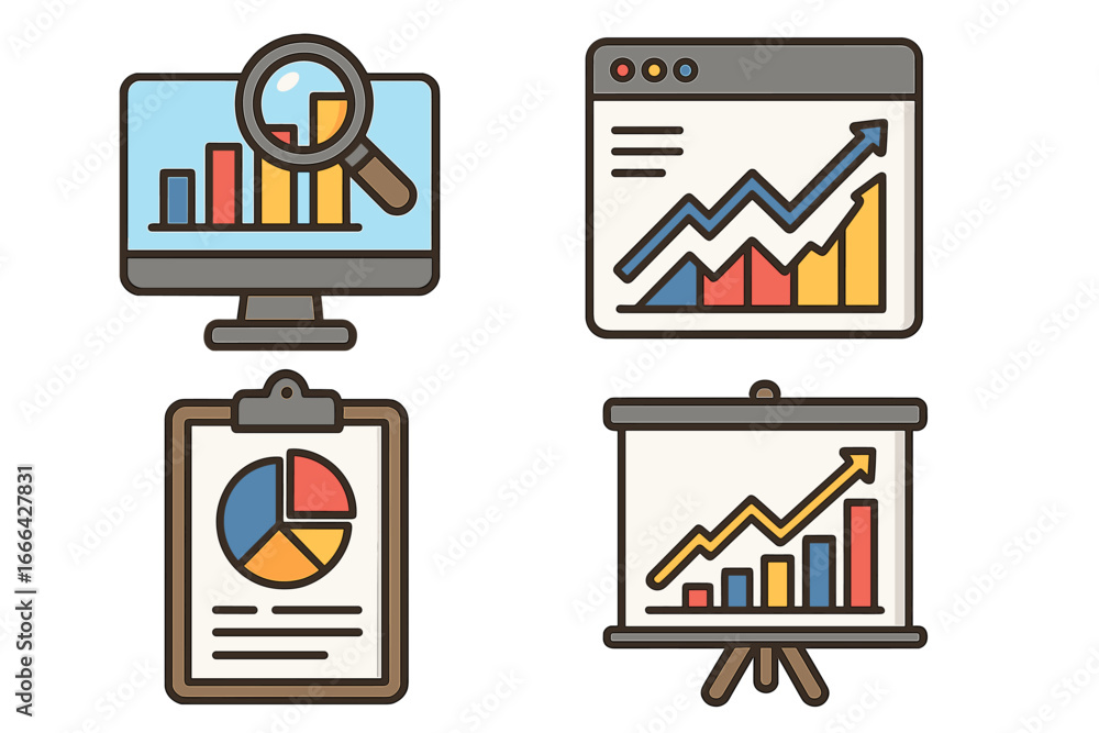 Poster data visualization icon set for business analytics, insights and performance monitoring. vector illu
