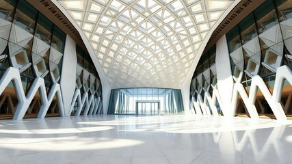 Obraz premium Modern architecture entrance with glass facade and bright interior design