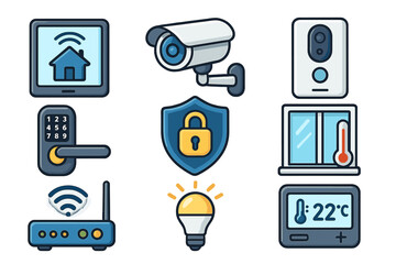 Smart home technology vector icon set. Home automation, security and climate control concept. Internet of Things (IoT) devices. Camera, lock, thermostat, lightbulb icons.