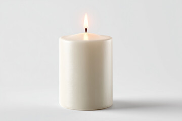 Realistic white pillar candle, soft wax texture, isolated on white background