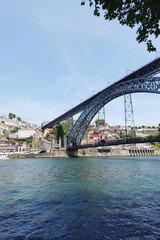 The view of Luis I bridge in Porto, Portugal., panorama opening from Vila Nova De Gaia