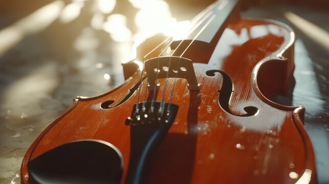 Enchanting Violin Close-up with Warm Sunlight. Sound of Music Instrument Memories