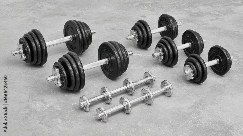 Aufkleber weights arranged on a concrete surface for strength training exercises in a home gym setting during 