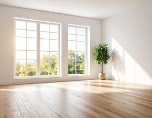 Obraz premium 大きな窓と観葉植物のある室内