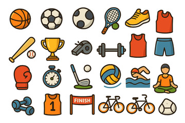 Big collection of colorful sport icons. Vector set of fitness and activity signs. Basketball, soccer, yoga, gym, running. Cartoon equipment for game, competition and workout.