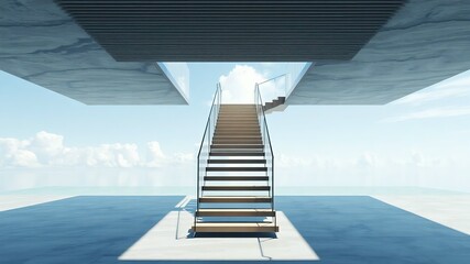 Fototapeta premium Modern architectural staircase leading to the sky with clouds and ocean views