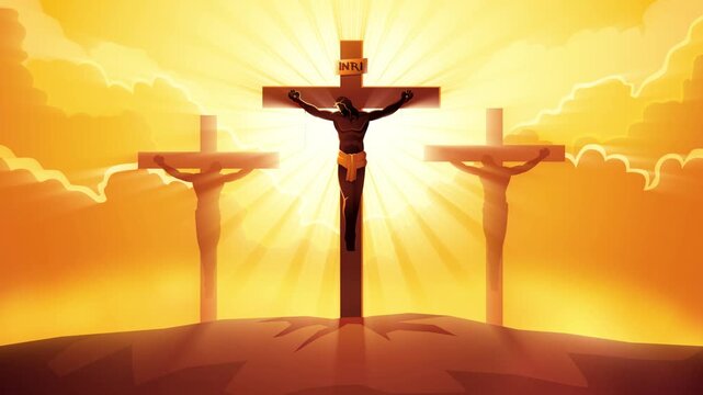 Jesus Crucifixion Motion Graphic. Biblical silhouette with light rays and golden sunrise.
