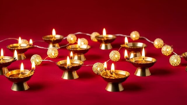 Illuminated Diwali Oil Lamps with Golden String Lights Displayed Against a Deep Red Background for Festive Hindu Celebrations and Traditional Decor