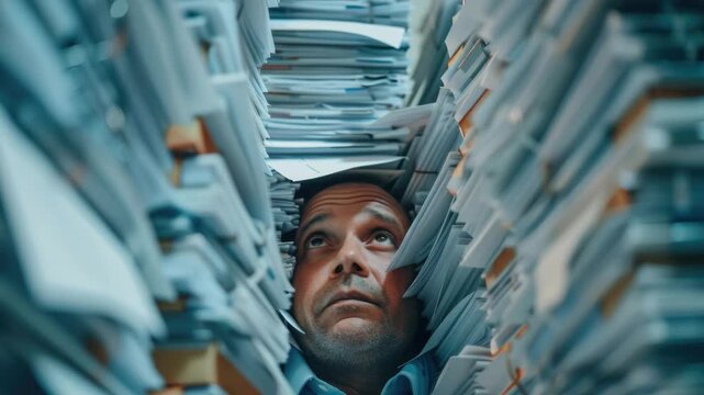 A man buried under a stack of office papers, symbolizing the overwhelming amount of work and information he is dealing with.