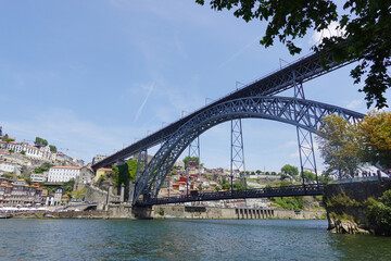 The view of Luis I bridge in Porto, Portugal., panorama opening from Vila Nova De Gaia