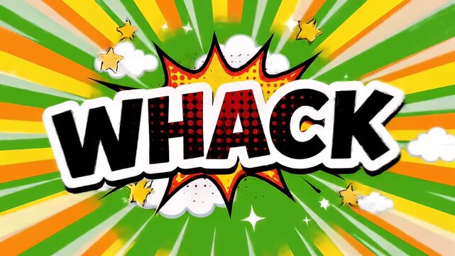 Explosive whack comic style word design on green and yellow burst background