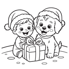 Cute children in Santa hats sitting with Christmas dog and presents, joyful holiday cartoon coloring pages line art for kids and family fun
