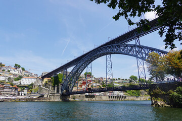 The view of Luis I bridge in Porto, Portugal., panorama opening from Vila Nova De Gaia