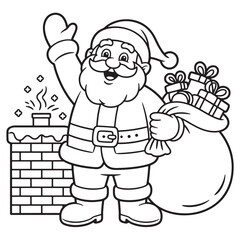 Cute Santa Claus waving with big gift sack next to chimney, cheerful Christmas cartoon coloring pages line art design for holiday fun
