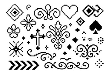 Obraz premium Pixel art set decorative elements. 8-bit embroidery cross-stitch design. Retro video game assets. Black white vector icons. Heart, cross, spade, flower, ornament symbol.