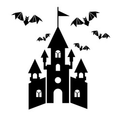 Haunted Castle Silhouette with Flying Bats