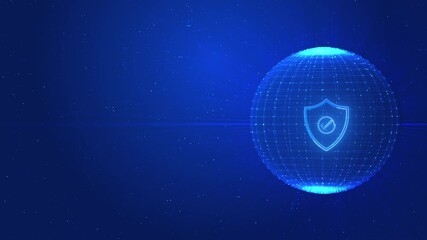 Globe digital grid, shield icon floats at center, highlighting global protection, cybersecurity, encryption. Use of blue tones suggests trust, digital safety, futuristic security network environment. - Powered by Adobe