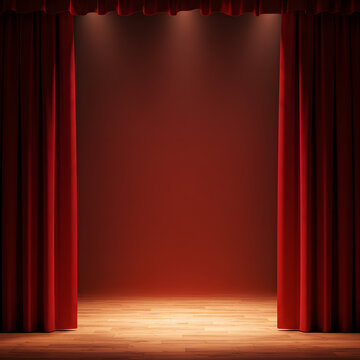 A Dramatic Reveal: Rich, red curtains part to unveil an empty stage, illuminated by overhead lights, creating a sense of anticipation and theatrical flair. 