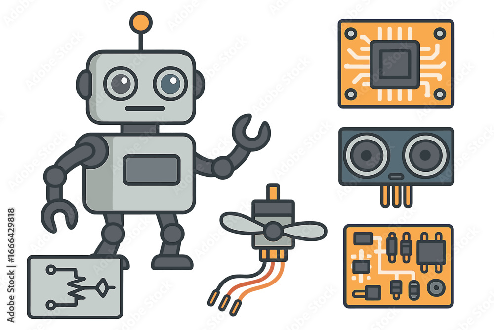 Poster robotics engineering concept. set of vector icons with a cute cartoon robot, microprocessor, ultraso