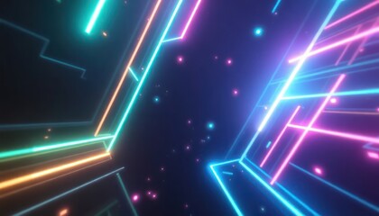 Vibrant neon lines and glowing particles illuminate a dark, abstract space, creating a futuristic digital tunnel effect perfect for technology, gaming, or entertainment backgrounds.