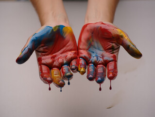 Hands covered in colorful dripping paint image photo