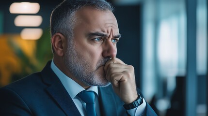 Pensive middle-aged man in a suit, reflecting on important decisions in a modern office setting.
