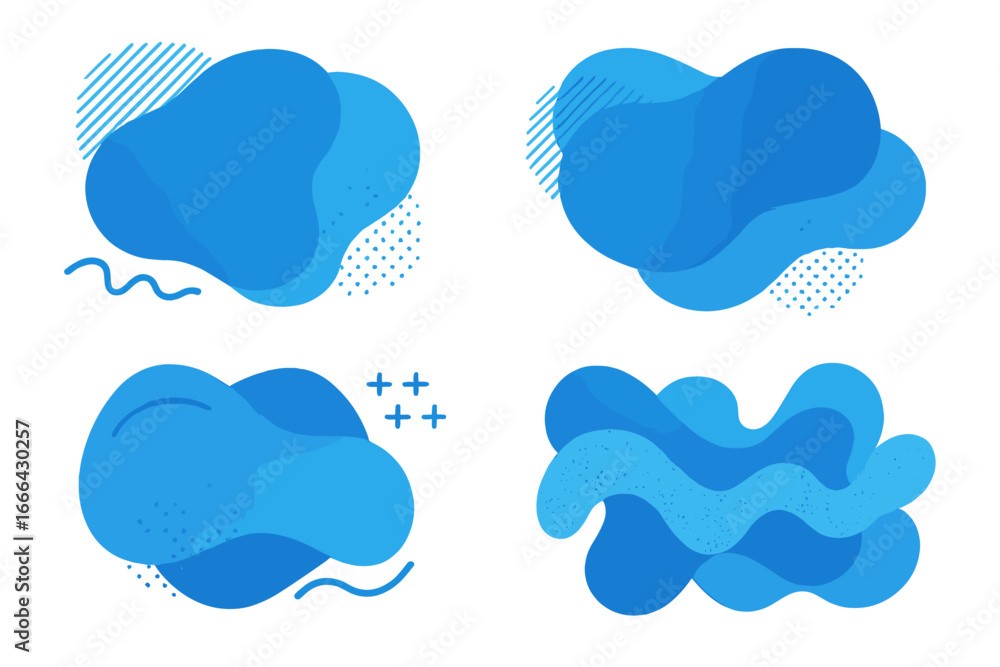 Poster vector set of abstract blue fluid shapes. modern liquid gradient blobs. dynamic amoeba forms with ge
