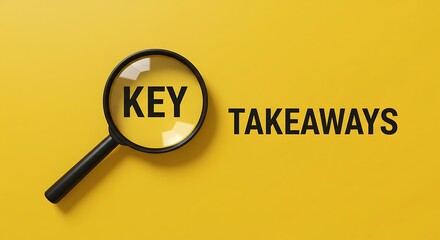 Magnifying glass over word K E Y with T A K E A W A Y S text on yellow background lens takeaways