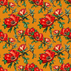 Seamless pattern with hand drawn red flowers of fruit tree. Drawing of flowers and leaves with color pencils capturing texture of paper. Colorful mustard color background. Not AI generated.