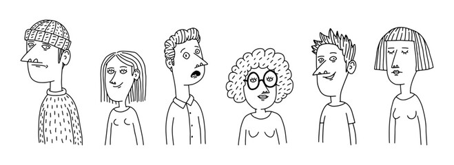 Set of quirky hand drawn people diverse characters with unique expressions. Black and white doodle line art vector illustration.