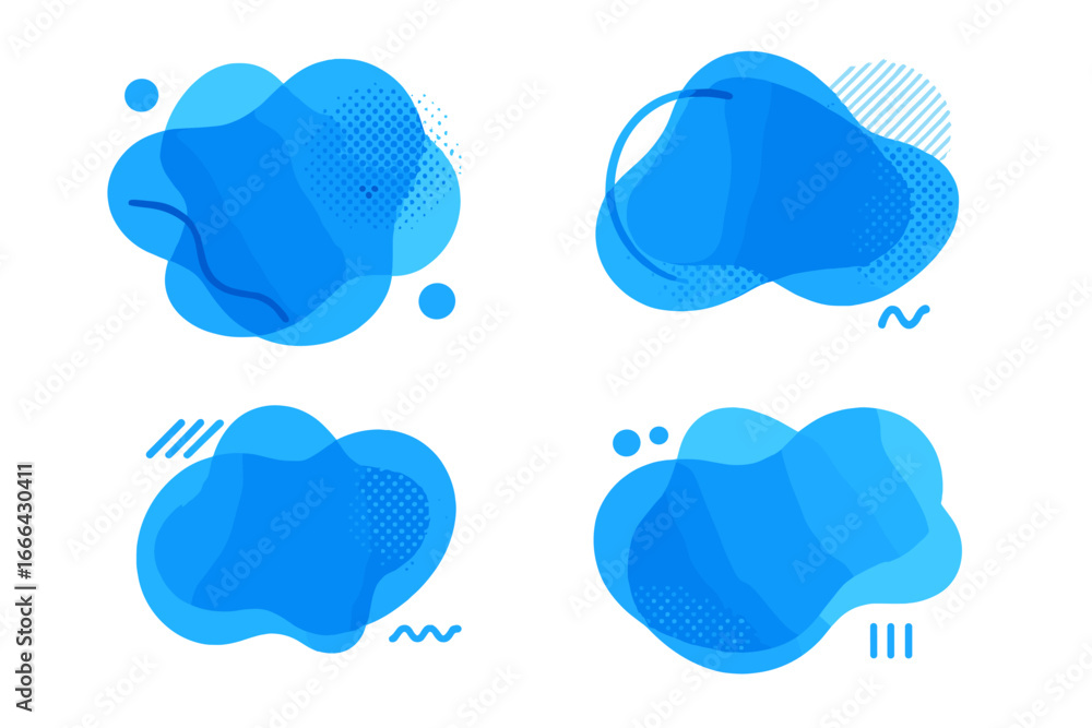 Poster set of blue abstract liquid shapes. modern fluid amoeba design elements with gradient and halftone t