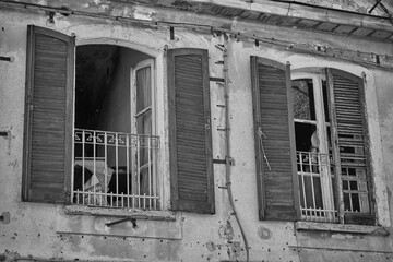 Abandoned slaughterhouse complex in Monza captured in black and white