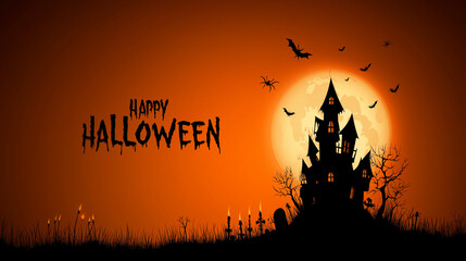 Halloween background with haunted castle, moon, spiders, mice, and burning candles on orange backdrop

