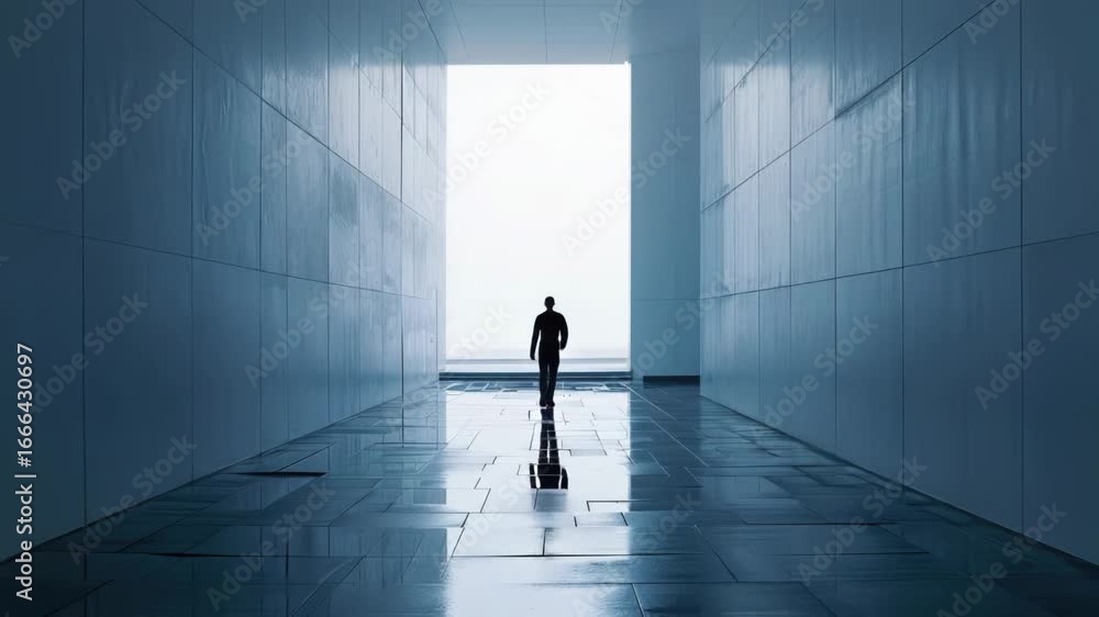 Poster a person stands alone in a long hallway with rows of doors and empty space
