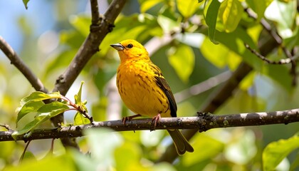 Bright yellow bird perched on branch