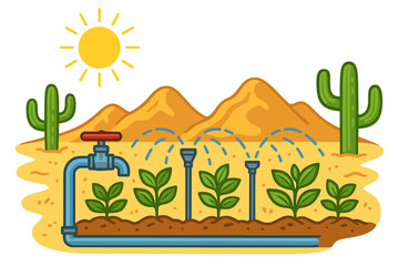 Obraz premium Desert farming with drip irrigation system. Vector concept of sprinklers watering plants in an arid landscape. Agriculture technology, cultivation, and growth with sun & cactus.