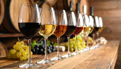 Naklejka premium Various grapes and wine glasses lined up on a wooden table in front of barrels in a wine cellar.