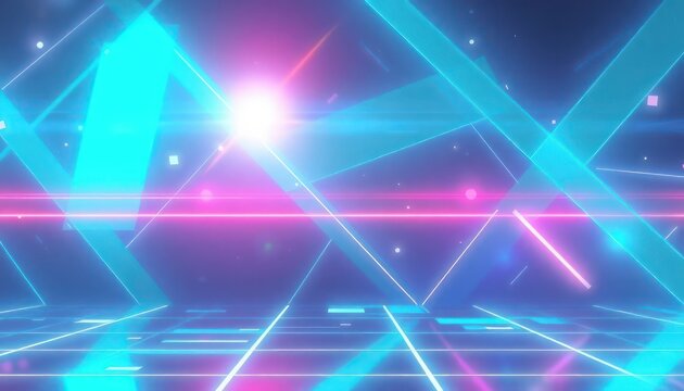Vibrant neon lines and glowing geometric shapes create a futuristic digital stage, ideal for technology, virtual reality, or energetic event backgrounds. - Powered by Adobe