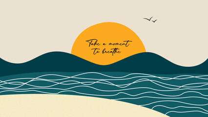 Minimalist scenery wallpaper, Take a moment to breathe, sea landscape, sunset
