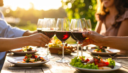 Obraz premium Friends toasting under the sunset with wine and food