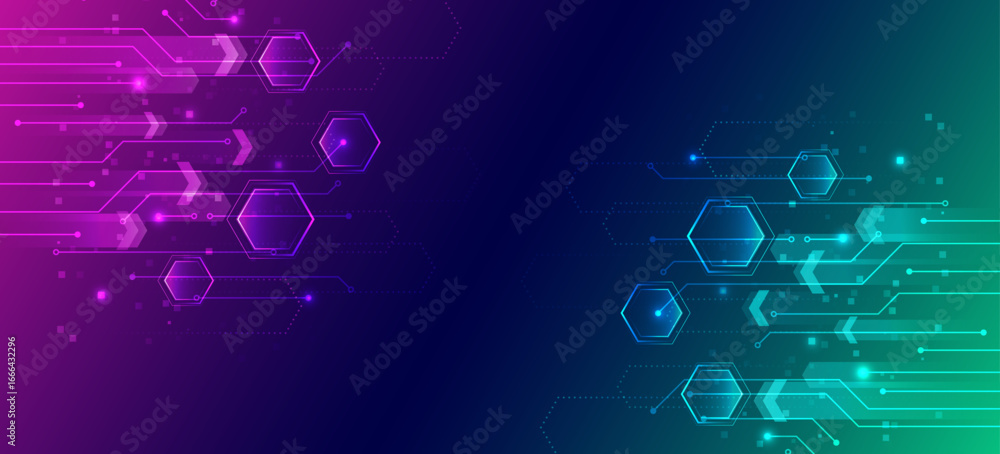 Poster abstract futuristic background with glowing purple hexagons and circuit board symbolizing modern tec