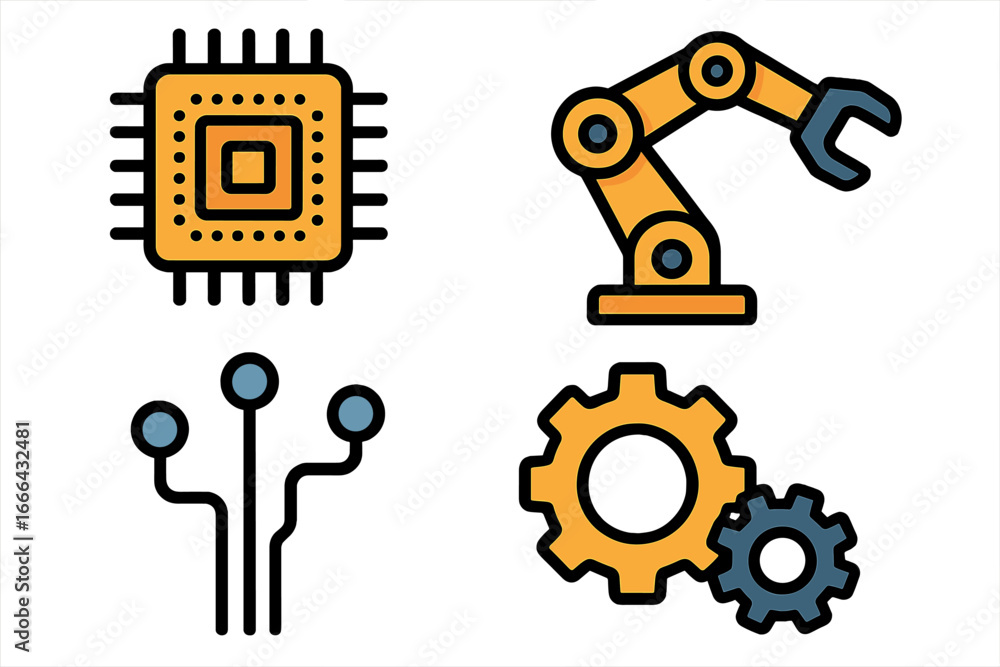 Poster technology icon set. robotic arm, microprocessor cpu, gear and circuit symbols. concept for automati