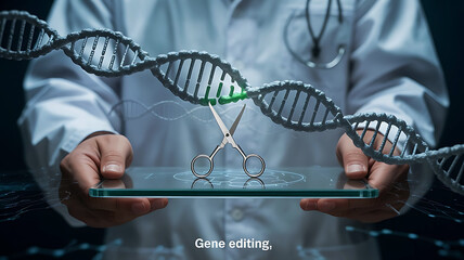 Scientist holding tablet displaying 3d dna helix with digital data overlays and futuristic science technology concepts