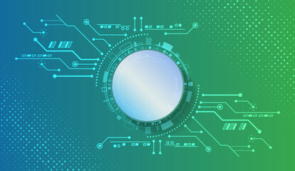 Obraz premium Technological green background with digital circuits, glowing circle and gradient design. Ideal for innovative, scientific, medical and high-tech projects.