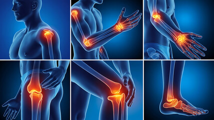 Human anatomy pain points body parts shoulder elbow wrist knee ankle medical concept blue glow