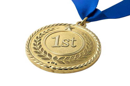 A Close-up View of a Gold First Place Medal with a Blue Ribbon, Symbolizing Victory and Achievement in Competition