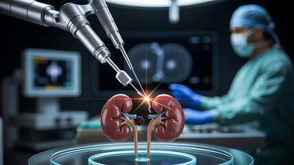 Robotic surgery precision advanced medical technology performing kidney operation with surgeon in background